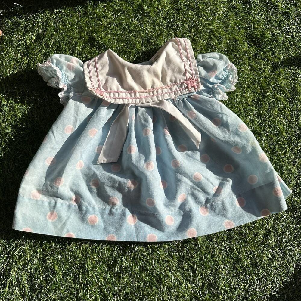 Vintage Bryan Baby Dress 6-9‎ Months USA Sailor Collar Bow Blue Pink Polka Dot